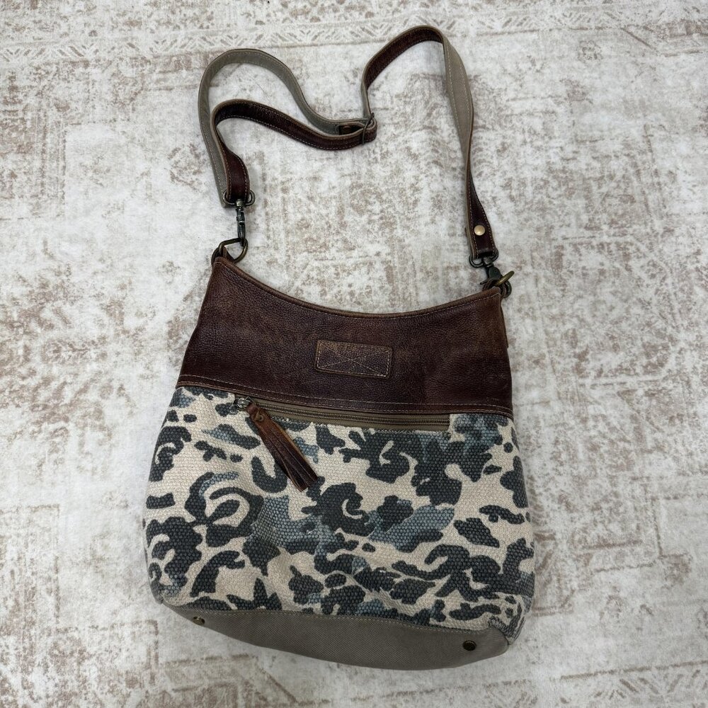 Leather-Trim Floral Canvas Shoulder Bag in Brown and Gray